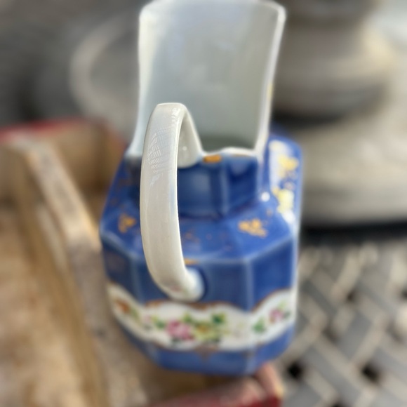 Cobalt Blue Porcelain Pitcher With Hand Painted Flowers and Gilding - Picture 5 of 9